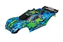 A pre-painted green and blue camouflage pattern body shell for the Traxxas Rustler 4x4 VXL RC car, featuring a rear wing and black window decals.
