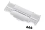 A white plastic RC car wing for the Traxxas Rustler 4x4, shown with three black mounting screws on a white background.