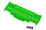 A bright green RC car wing for a Traxxas Rustler 4x4, shown from a top-down angle with three small black mounting screws positioned below it.