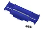 A blue RC car wing for the Traxxas Rustler 4x4, shown from a top-down angle with three small black mounting screws positioned below it on a white background.
