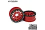 Two red aluminium 2.2 inch KMC XD229 beadlock rims for RC crawlers, featuring black beadlock rings and silver hardware, shown against a white background.