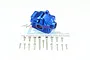 A blue anodized aluminium front differential housing for an RC car by GPM Racing, shown with a set of included mounting screws.