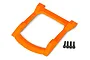 An orange Traxxas Rustler 4x4 body roof skid plate shown from a top-down angle with four small black mounting screws included.