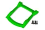 A bright green Traxxas Rustler 4x4 body roof skid plate shown from an overhead angle with four black mounting screws included.