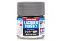 A small glass jar of Tamiya LP-61 Metallic Gray lacquer paint with a grey ribbed screw-top lid against a white background.