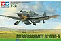 Box art for Tamiya 1/72 scale Messerschmitt Bf109 G-6 model kit showing a painted illustration of the fighter plane in flight over a landscape.