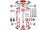 A flat-lay view of the Yeah Racing red aluminium conversion kit for the Tamiya TT-02, showing various metal suspension and chassis parts.