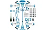A flat-lay view of the Yeah Racing blue aluminium conversion kit for the Tamiya TT-02 RC car, featuring various metal suspension and chassis components.