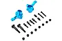 Yeah Racing blue aluminium steering hubs for Tamiya TT-02 with included screws, ball studs, and spacers on a white background.