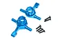 A pair of blue anodized aluminium steering hubs for Tamiya TT-02 RC cars, shown with a set of black mounting screws.