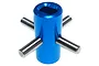 A blue anodized aluminium differential locker for Tamiya TT-02 RC cars, featuring a central cylindrical body with four protruding metal pins.