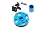 Yeah Racing blue aluminium spur gear mount for Tamiya TT-02, including screws, spacer, and pin.