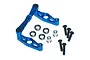 A blue aluminium steering rack assembly for a Tamiya TT-02 RC car, including bearings, metal spacers, and black screws on a white background.