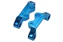Two blue anodized aluminium suspension arm pin mounts for Tamiya TT-02 RC cars, shown against a white background.
