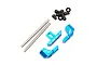 Yeah Racing blue aluminium suspension components for Tamiya TT-02, including metal pins, ball studs, and spacers on a white background.