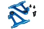 Two blue anodized aluminium front lower suspension arms for a Tamiya TT-02 RC car, including two black plastic bushings and two black metal screws.
