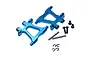 A pair of blue anodized aluminium rear lower suspension arms for a Tamiya TT-02 RC car, including mounting pins, screws, and E-clips.