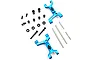 Yeah Racing blue aluminium adjustable rear lower suspension arms for Tamiya TT-02 with included hardware, screws, and metal shafts.