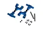 A pair of blue anodized aluminium adjustable rear upper suspension arms for Tamiya TT-02, including metal pins, E-clips, and small screws.