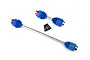 Two Traxxas steel CV drive shafts of different lengths with blue rubber boots and four small black screws on a white background.