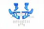 A set of blue anodized aluminium wing mount components for an RC car, including two main brackets, two smaller mounts, and various metal screws.