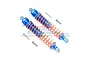 Two blue anodized aluminium RC shock absorbers with orange springs and mounting hardware on a white background.