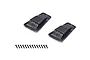 Two black metal bonnet vents for an RC car with a mesh grille design, accompanied by a row of small black mounting screws.