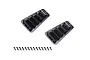 Two black metal bonnet vent accessories for an RC crawler, accompanied by a row of small black mounting screws on a white background.