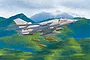 Box art painting of a Nanchang Q-5C jet aircraft in flight over mountains, dropping bombs.