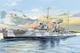 An artistic painting of the HMS York heavy cruiser sailing on the ocean during a sunset.