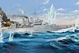 An artistic painting of the HMS Cornwall heavy cruiser in action on a choppy sea with smoke and water splashes from artillery fire.