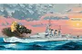 An artistic illustration of the Italian battleship RN Littorio firing its main guns at sea during a sunset.