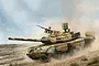 An artistic illustration of a Russian T-80UM main battle tank in a desert camouflage pattern, moving through a dusty landscape.