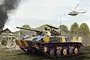 Box art illustration of a BMD-3 airborne infantry fighting vehicle in camouflage, with a helicopter in the background and a damaged building.