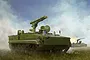 An artistic illustration of a Russian 9P157-2 Khrizantema-S anti-tank vehicle in a field with a second vehicle firing in the background.