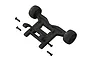 ARRMA 4x4 BLX wheelie bar set featuring a black plastic frame with two wheels and four mounting screws on a white background.