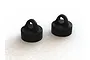 Two black aluminium shock caps for ARRMA RC vehicles, shown from a high angle against a white background.