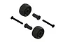 ARRMA wheelie bar wheels and hardware set including two black plastic wheels, two bushings, and two screws on a white background.