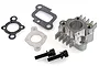 Rovan silver aluminium intake manifold set including gaskets, plastic spacer, and two mounting bolts on a white background.
