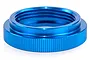 A blue anodized aluminium shock spring adjuster nut for an RC vehicle, featuring a knurled outer edge for grip.
