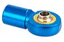 A single blue anodized aluminium shock rod end with a brass-coloured pivot ball insert, isolated on a white background.