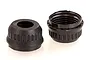 Two black plastic Rovan 5IVE-T shock bottom caps shown from different angles on a white background.
