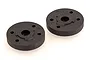 Two black circular RC shock pistons with multiple holes, viewed from an angle against a white background.