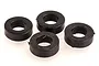 Four black circular rubber shock spacers for Rovan 5IVE-T RC vehicle arranged on a white background.