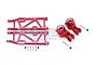 A set of red anodized aluminium rear hubs and lower suspension arms for an ARRMA RC vehicle, including mounting screws and nuts.
