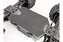 A black T-Bone Racing skid plate installed on the underside of an ARRMA Outcast 4S RC vehicle chassis.