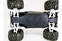 Bottom view of a Traxxas Rustler 4x4 RC car chassis fitted with a black T-Bone Racing skid plate.
