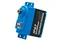 Hitec D956WP waterproof RC servo with a blue plastic case and metal output gear, shown against a white background.