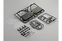 Killerbody 1/10 Toyota Land Cruiser movable door and window lifter upgrade kit parts including plastic sprues, clear windows, gears, and screws.