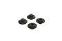 Four black steel flanged serrated nyloc wheel nuts for RC vehicles arranged on a white background.